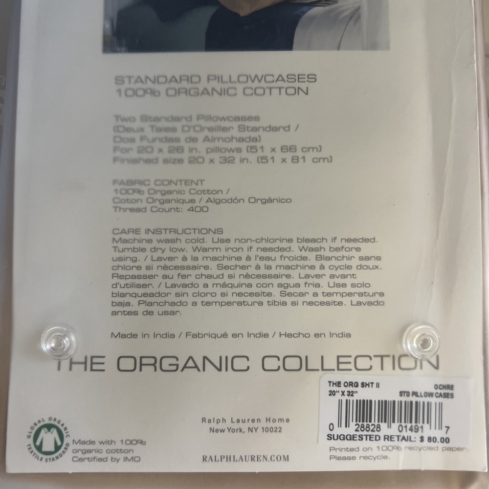 Ralph Lauren Spa Organic Cotton 2 Standard Pillowcases Ochre Gold New - Picture 2 of 2